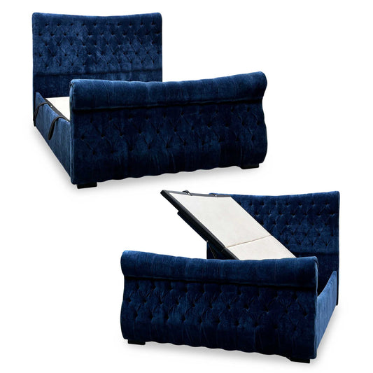 Sleep Story Lance navy blue chenille ottoman bed frame shown closed and with the side opening storage raised