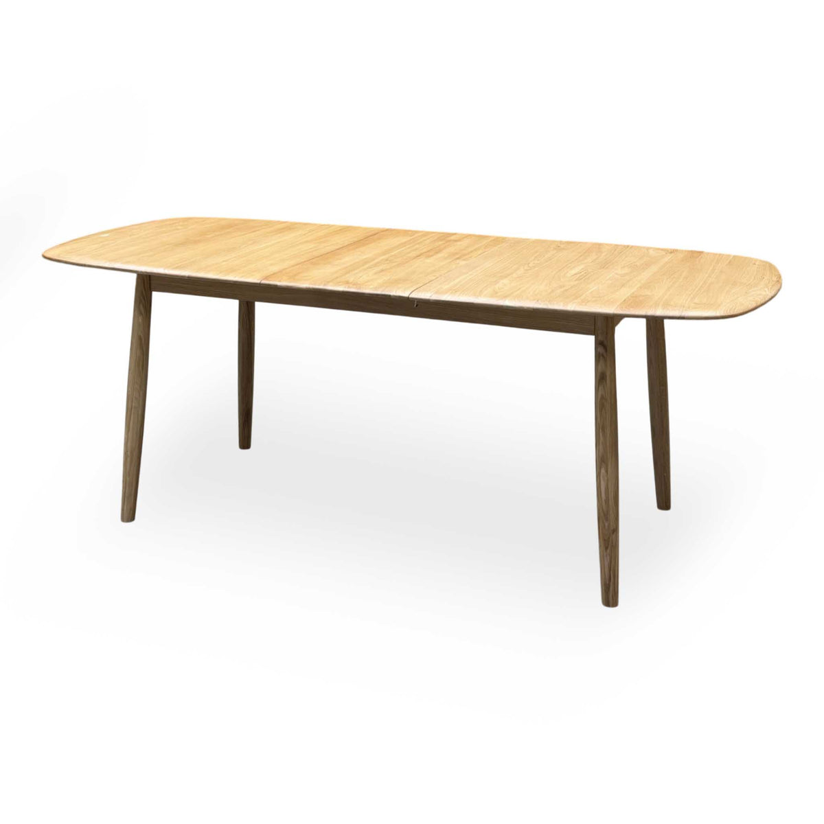 Stockholm light oak large extending dining table, extended, lower angle showing the long top and legs