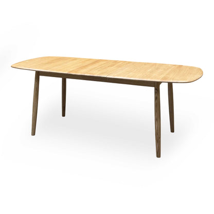 Stockholm light oak large extending dining table, extended, lower angle showing the long top and legs