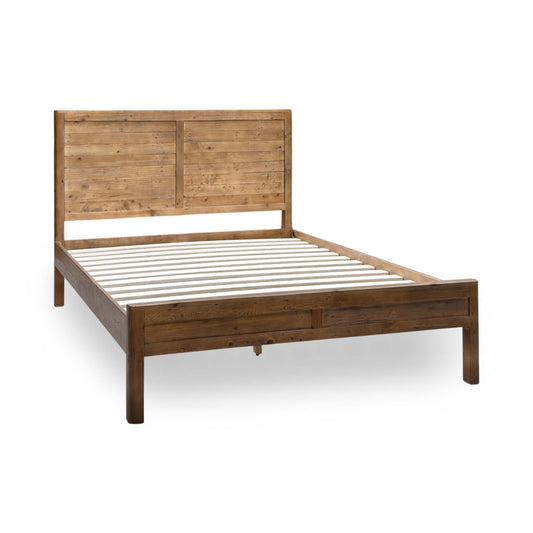 Duncan dark oak reclaimed pine king bed, angled view with panelled headboard and slatted base