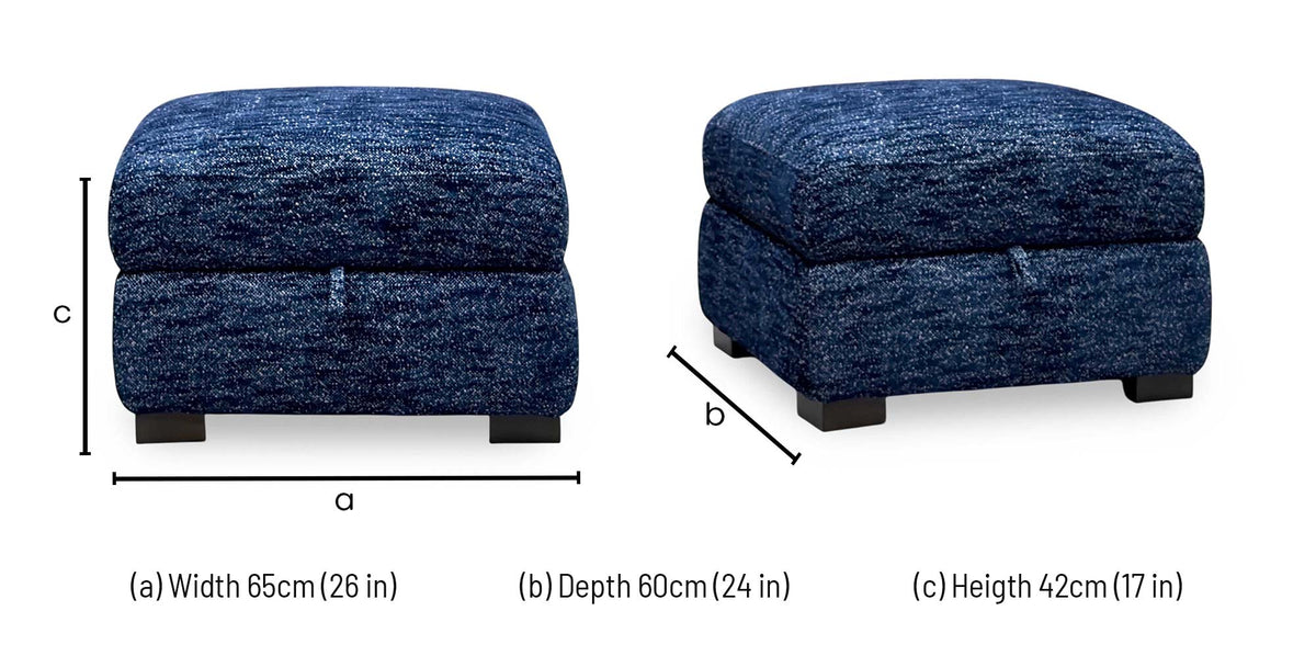 Nova dark denim blue storage footstool dimensions: width 65cm, depth 60cm, height 42cm