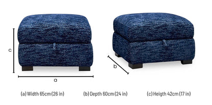 Nova dark denim blue storage footstool dimensions: width 65cm, depth 60cm, height 42cm