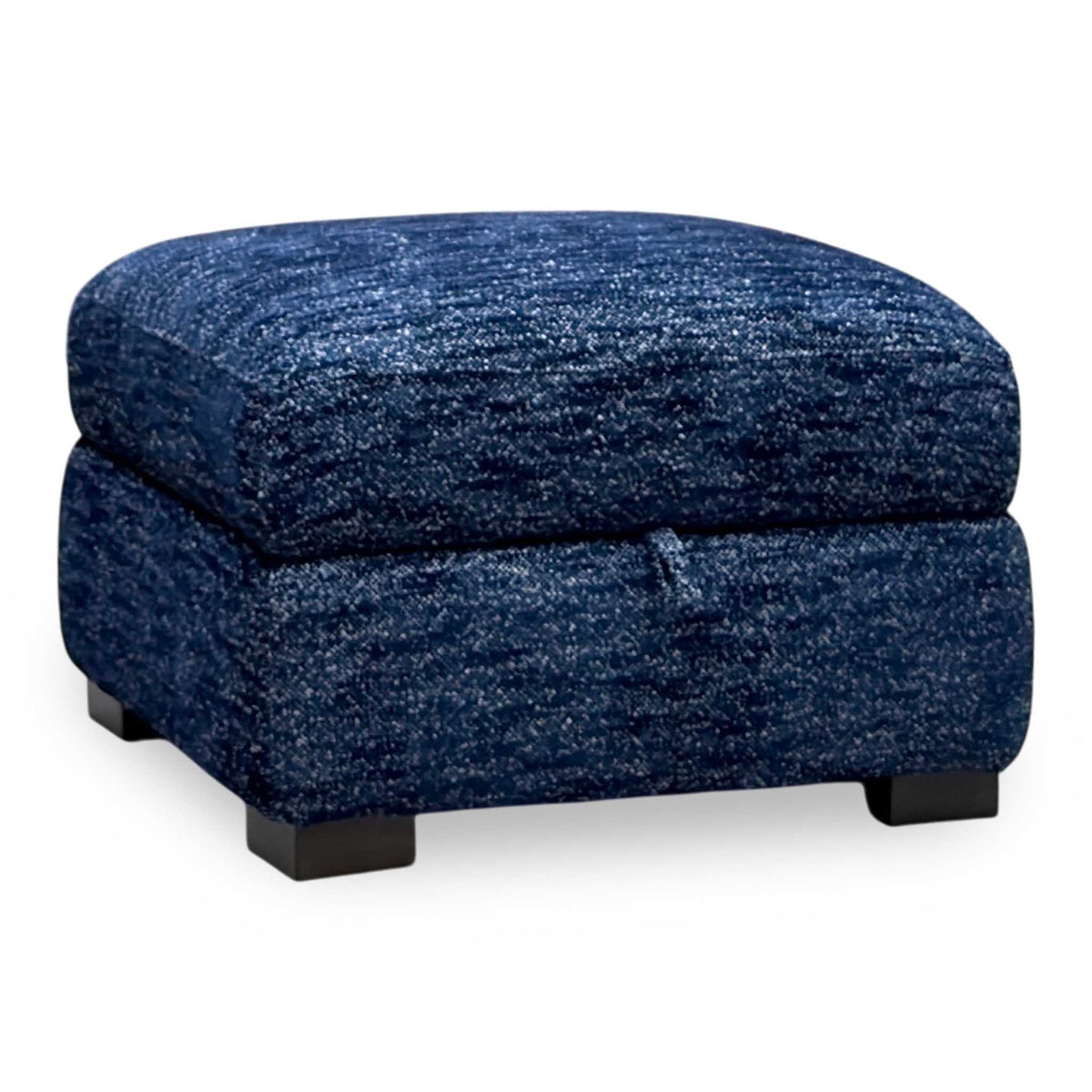 Nova dark denim blue woven fabric storage footstool, angled from the right with dark block feet