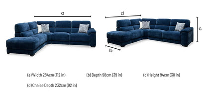 Nova steel blue chaise end sofa dimensions: width 284cm, depth 98cm, chaise depth 232cm, height 94cm