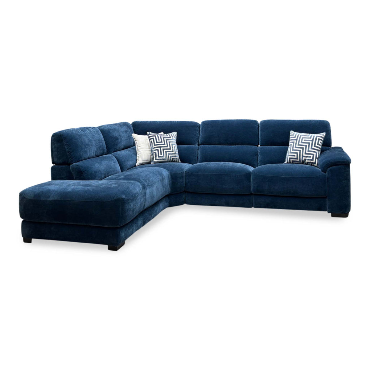 Front view of the Nova steel blue fabric left hand facing power recliner chaise end sofa, upright
