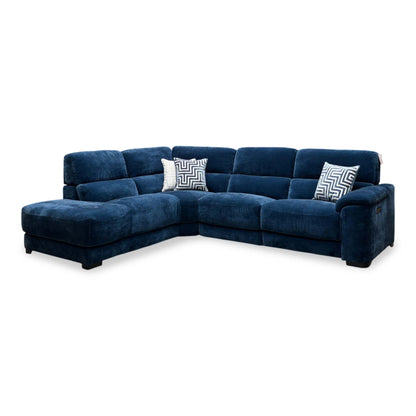 Nova steel blue fabric chaise end sofa from the left, showing the long chaise and patterned cushions