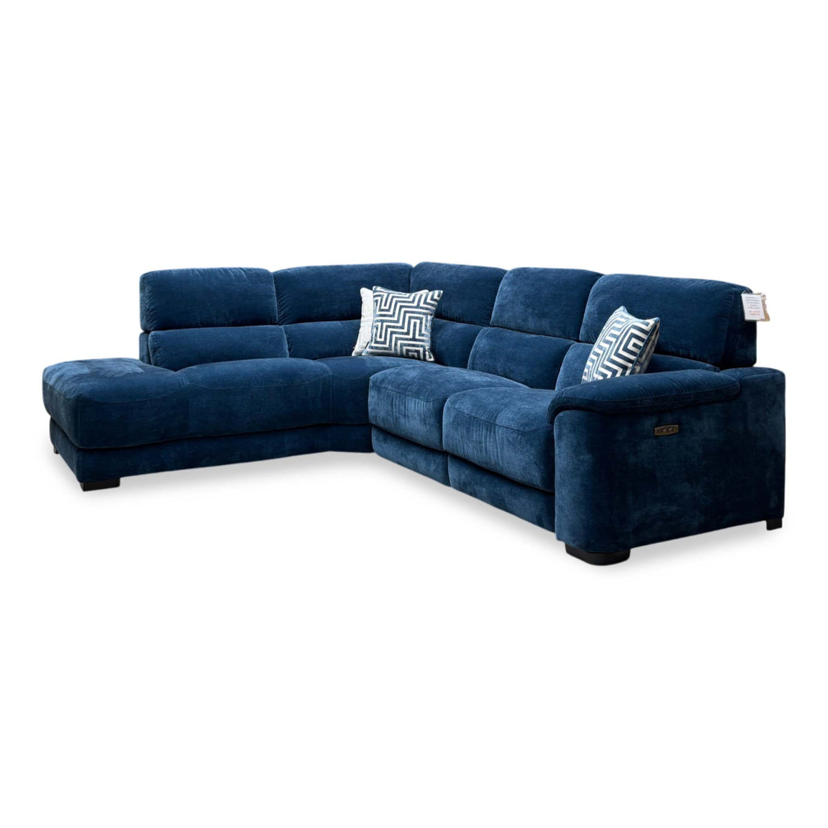 Side angle of the Nova steel blue fabric chaise end sofa from the right, showing the recliner arm controls