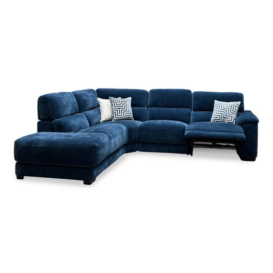 Nova steel blue fabric left hand facing chaise end sofa with the right-hand power recliner raised