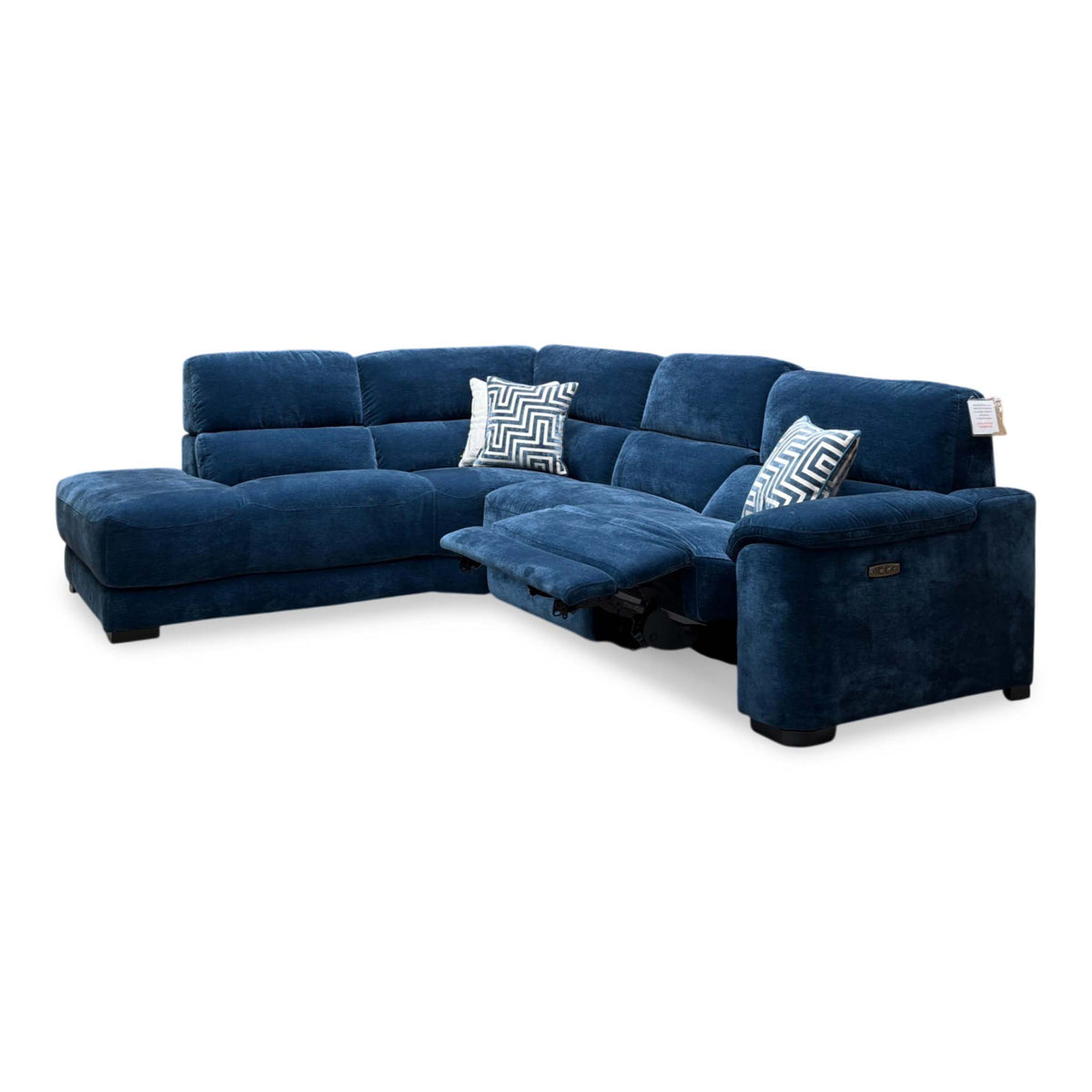 Nova steel blue fabric chaise end sofa from the right with the power recliner in the reclined position