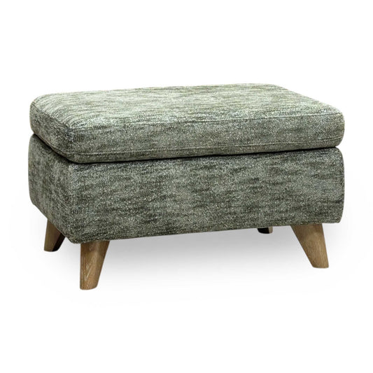Malmo olive green fabric storage footstool, angled view on oak tapered legs