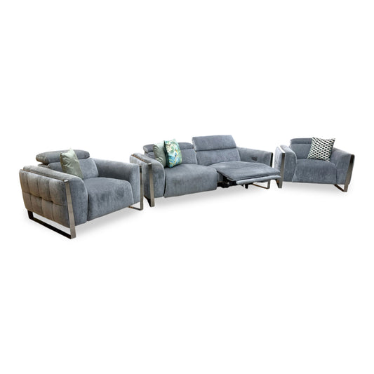 ‘Gisella’ Manhattan Charcoal Grey Linen Fabric 3 Seater Power Recliner Sofa with Power Headrests + Chair + Chair