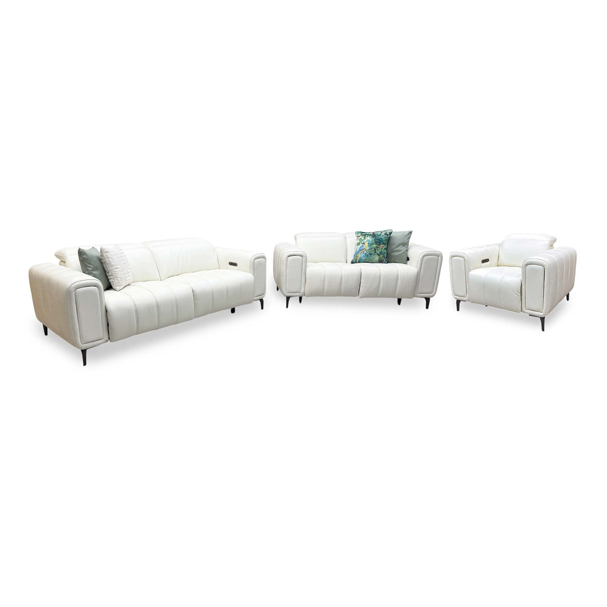 'Elphaba' Cotton White Leather 3 + 2 Seater Power Recliner + Power Chair Sofa Set with Storage Arms