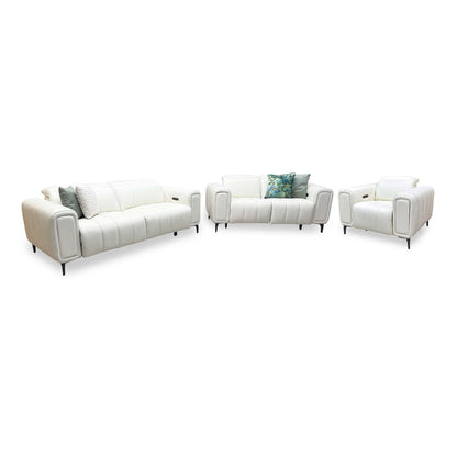 'Elphaba' Cotton White Leather 3 + 2 Seater Power Recliner + Power Chair Sofa Set with Storage Arms