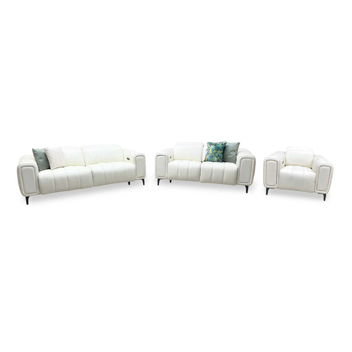 'Elphaba' Cotton White Leather 3 + 2 Seater Power Recliner + Power Chair Sofa Set with Storage Arms