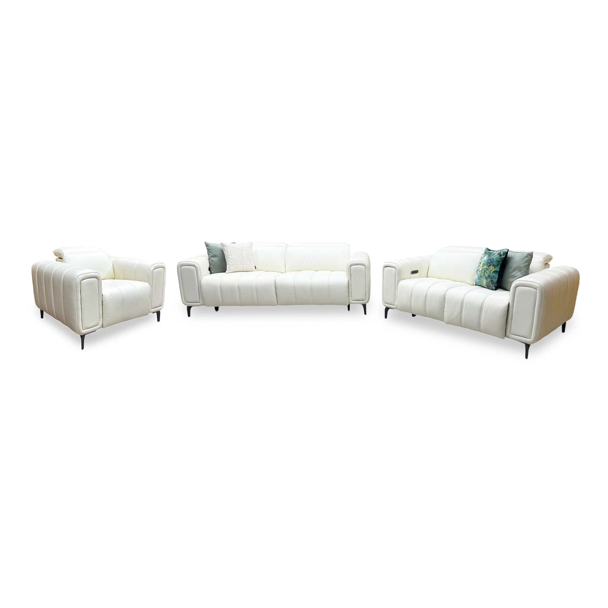 'Elphaba' Cotton White Leather 3 + 2 Seater Power Recliner + Power Chair Sofa Set with Storage Arms