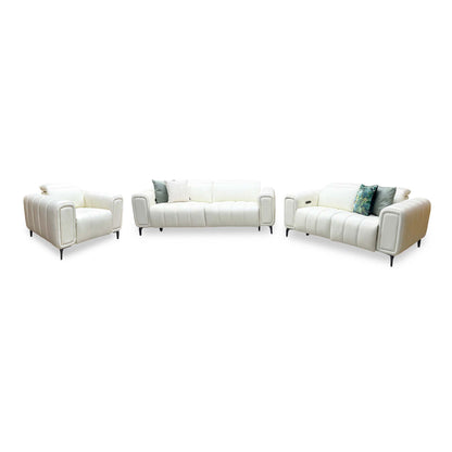 'Elphaba' Cotton White Leather 3 + 2 Seater Power Recliner + Power Chair Sofa Set with Storage Arms