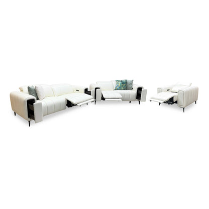 'Elphaba' Cotton White Leather 3 + 2 Seater Power Recliner + Power Chair Sofa Set with Storage Arms