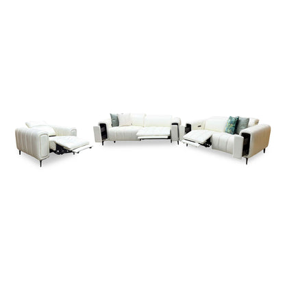 'Elphaba' Cotton White Leather 3 + 2 Seater Power Recliner + Power Chair Sofa Set with Storage Arms