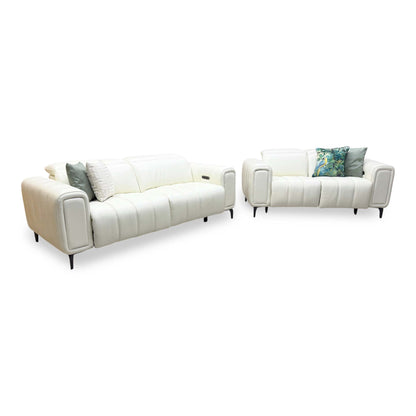 'Elphaba' Cotton White Leather 3 + 2 Seater Power Recliner Sofa Set with Storage Arms