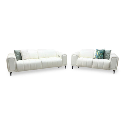 'Elphaba' Cotton White Leather 3 + 2 Seater Power Recliner Sofa Set with Storage Arms