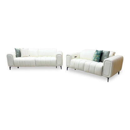 'Elphaba' Cotton White Leather 3 + 2 Seater Power Recliner Sofa Set with Storage Arms