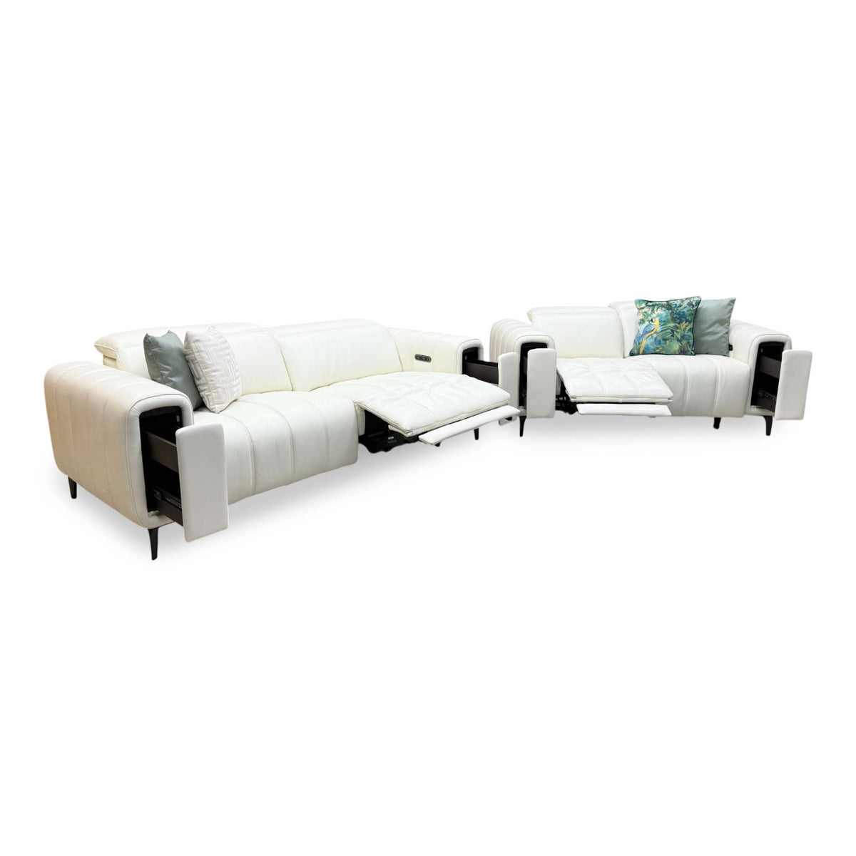 'Elphaba' Cotton White Leather 3 + 2 Seater Power Recliner Sofa Set with Storage Arms