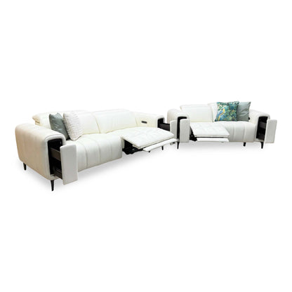 'Elphaba' Cotton White Leather 3 + 2 Seater Power Recliner Sofa Set with Storage Arms
