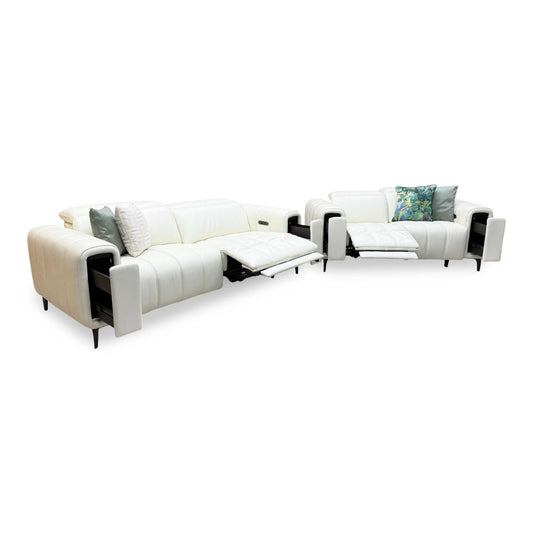 'Elphaba' Cotton White Leather 3 + 2 Seater Power Recliner Sofa Set with Storage Arms