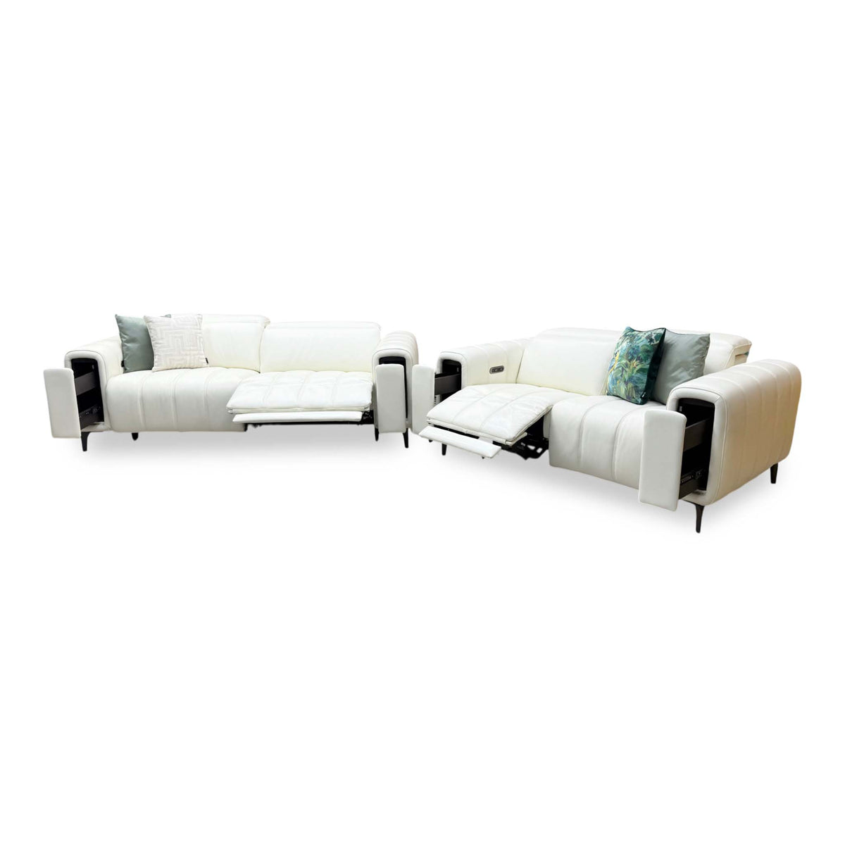 'Elphaba' Cotton White Leather 3 + 2 Seater Power Recliner Sofa Set with Storage Arms