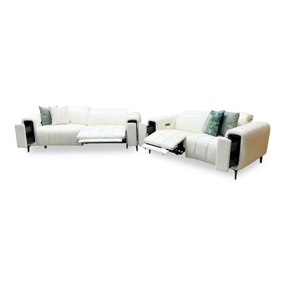 'Elphaba' Cotton White Leather 3 + 2 Seater Power Recliner Sofa Set with Storage Arms