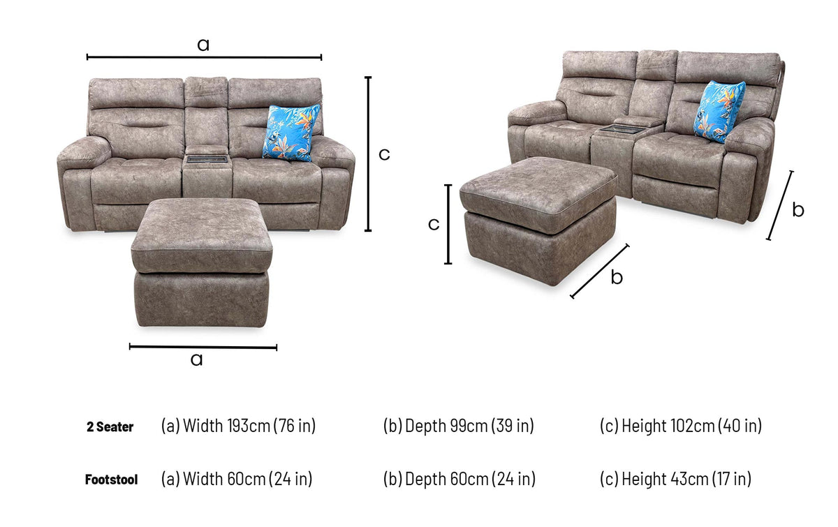 ‘Cinemax’ Marble Classic Brown Velvet Fabric 2 Seater Media Power Recliner Sofa with Power Headrests + Storage Footstool