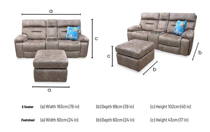 ‘Cinemax’ Marble Classic Brown Velvet Fabric 2 Seater Media Power Recliner Sofa with Power Headrests + Storage Footstool