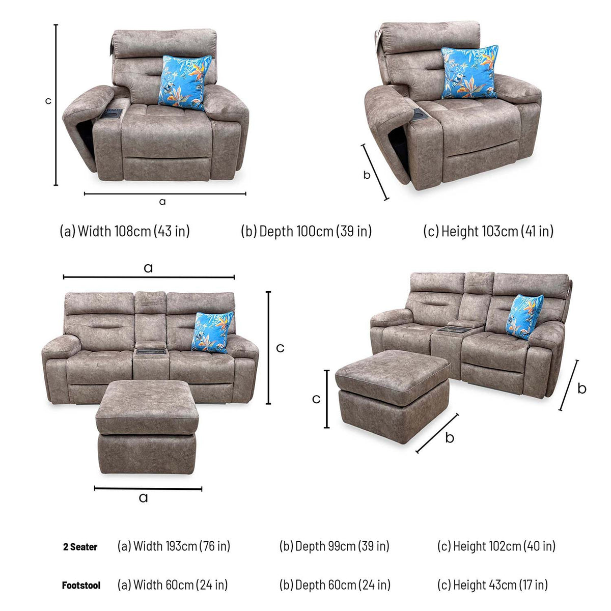 'Cinemax' Marble Classic Brown Velvet Fabric 2 Seater Media Power Recliner Sofa + Power Recliner Media Chair with Power Headrests + Storage Footstool Sofa Set