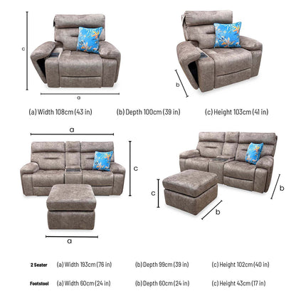 'Cinemax' Marble Classic Brown Velvet Fabric 2 Seater Media Power Recliner Sofa + Power Recliner Media Chair with Power Headrests + Storage Footstool Sofa Set