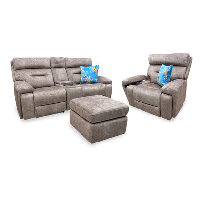 'Cinemax' Marble Classic Brown Velvet Fabric 2 Seater Media Power Recliner Sofa + Power Recliner Media Chair with Power Headrests + Storage Footstool Sofa Set