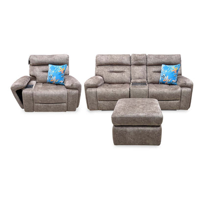 'Cinemax' Marble Classic Brown Velvet Fabric 2 Seater Media Power Recliner Sofa + Power Recliner Media Chair with Power Headrests + Storage Footstool Sofa Set