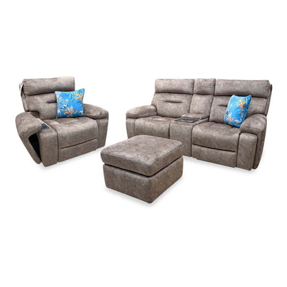 'Cinemax' Marble Classic Brown Velvet Fabric 2 Seater Media Power Recliner Sofa + Power Recliner Media Chair with Power Headrests + Storage Footstool Sofa Set