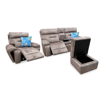 'Cinemax' Marble Classic Brown Velvet Fabric 2 Seater Media Power Recliner Sofa + Power Recliner Media Chair with Power Headrests + Storage Footstool Sofa Set