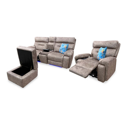 'Cinemax' Marble Classic Brown Velvet Fabric 2 Seater Media Power Recliner Sofa + Power Recliner Media Chair with Power Headrests + Storage Footstool Sofa Set