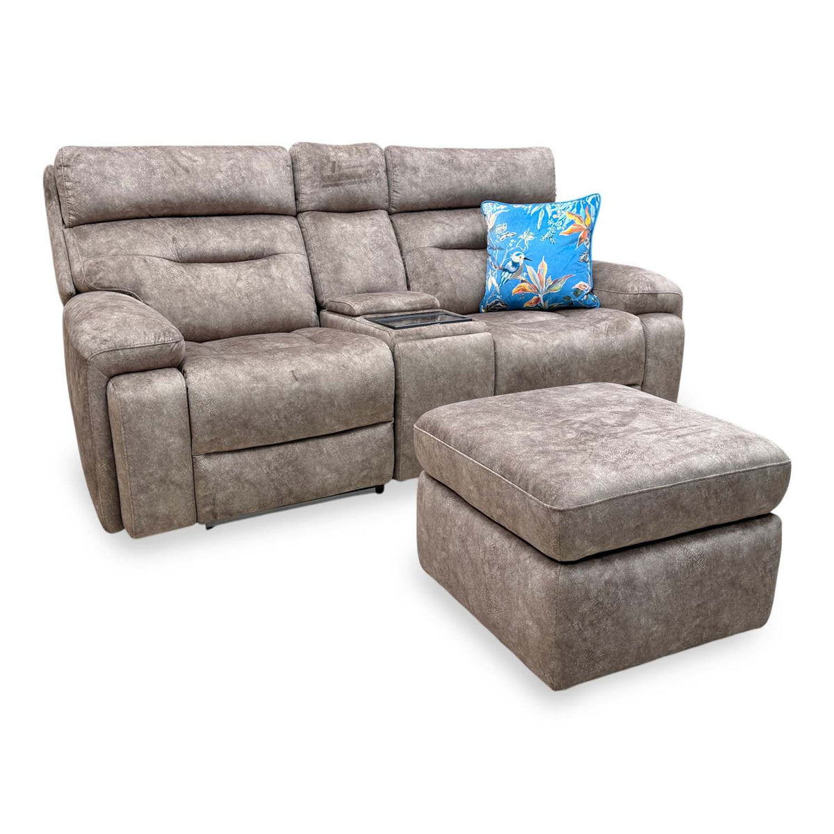 ‘Cinemax’ Marble Classic Brown Velvet Fabric 2 Seater Media Power Recliner Sofa with Power Headrests + Storage Footstool