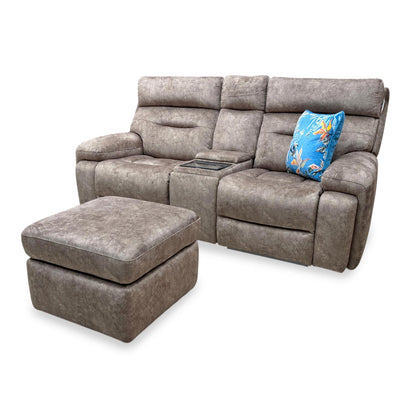 ‘Cinemax’ Marble Classic Brown Velvet Fabric 2 Seater Media Power Recliner Sofa with Power Headrests + Storage Footstool