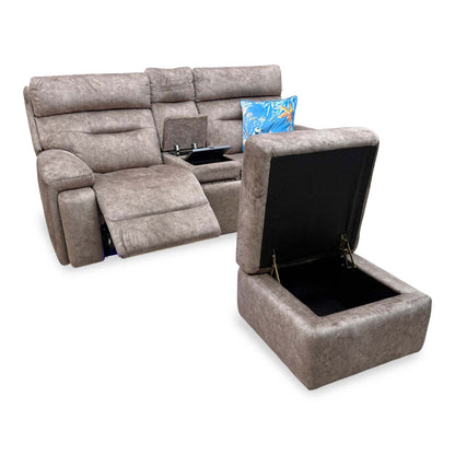 ‘Cinemax’ Marble Classic Brown Velvet Fabric 2 Seater Media Power Recliner Sofa with Power Headrests + Storage Footstool