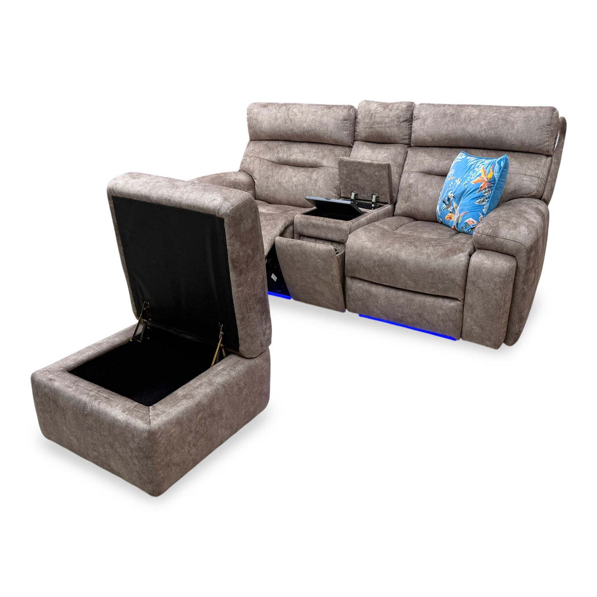‘Cinemax’ Marble Classic Brown Velvet Fabric 2 Seater Media Power Recliner Sofa with Power Headrests + Storage Footstool