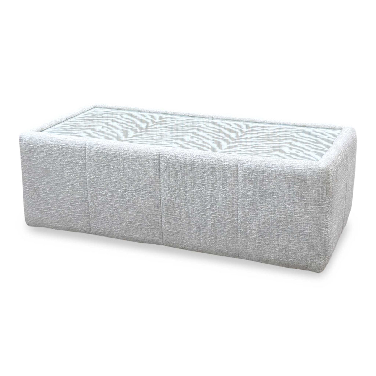 'Boujee' Lustro Dove Grey Fabric Rectangular Glass Top Table