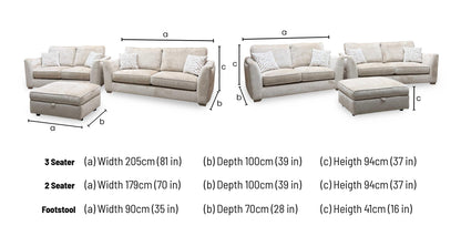 'Boujee' Lustro Biscuit Beige Fabric 3 + 2 Seater Classic Back Sofa Set + Storage Footstool