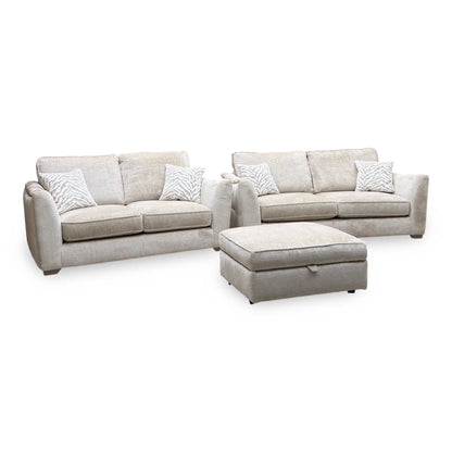 'Boujee' Lustro Biscuit Beige Fabric 3 + 2 Seater Classic Back Sofa Set + Storage Footstool