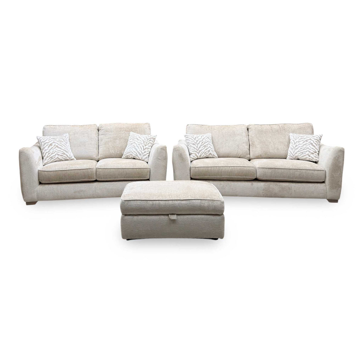 'Boujee' Lustro Biscuit Beige Fabric 3 + 2 Seater Classic Back Sofa Set + Storage Footstool