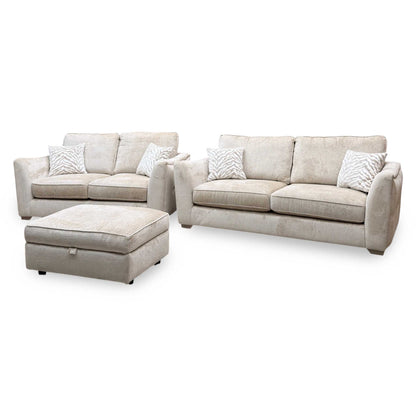 'Boujee' Lustro Biscuit Beige Fabric 3 + 2 Seater Classic Back Sofa Set + Storage Footstool