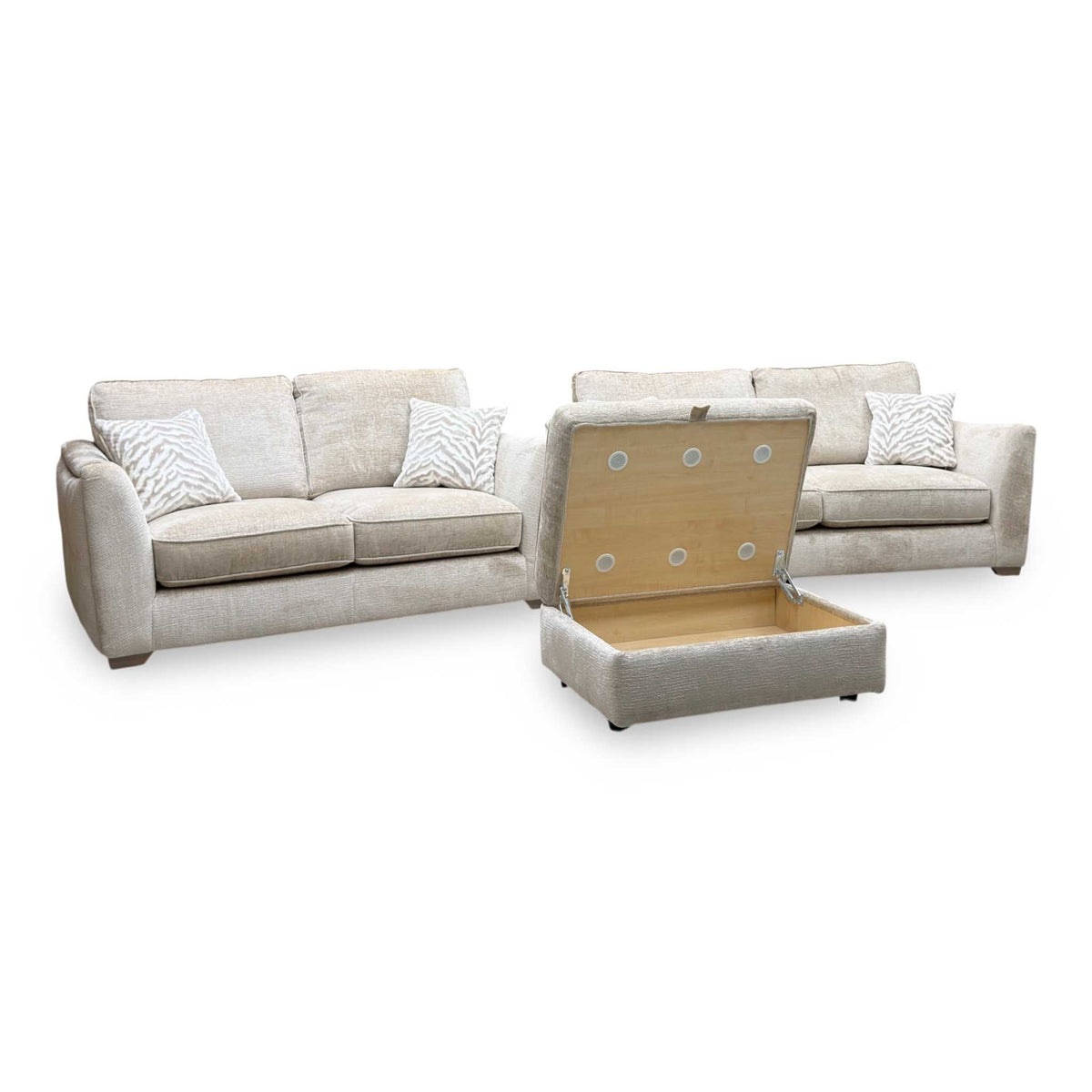 'Boujee' Lustro Biscuit Beige Fabric 3 + 2 Seater Classic Back Sofa Set + Storage Footstool