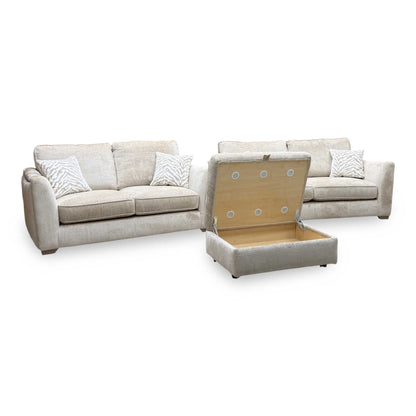 'Boujee' Lustro Biscuit Beige Fabric 3 + 2 Seater Classic Back Sofa Set + Storage Footstool